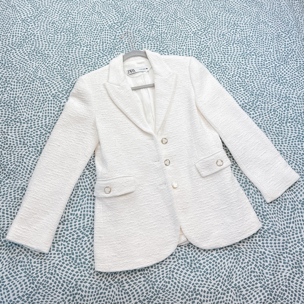 ZARA Double Breasted White Tweed Blazer size XS